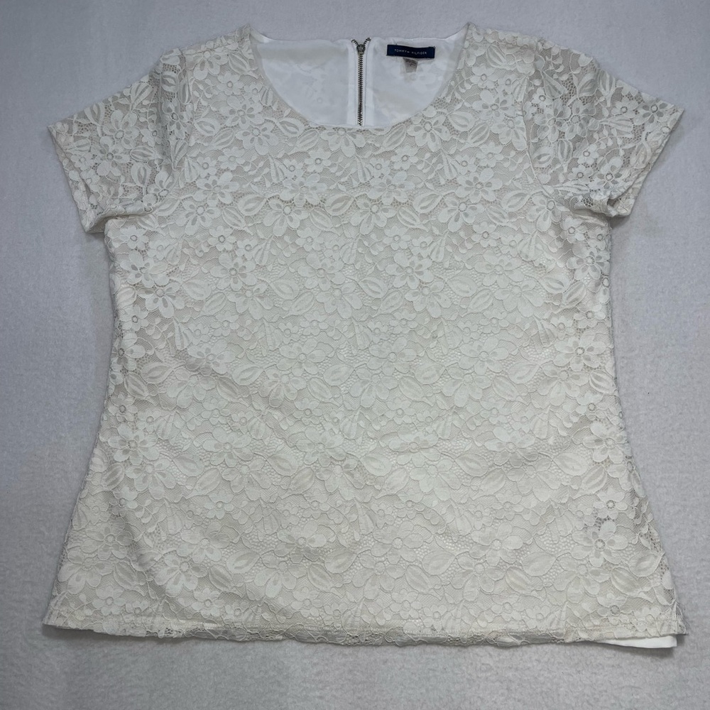 Vintage Tommy Hilfiger Lace Blouse Ivory Floral Top Short Sleeve Size Large